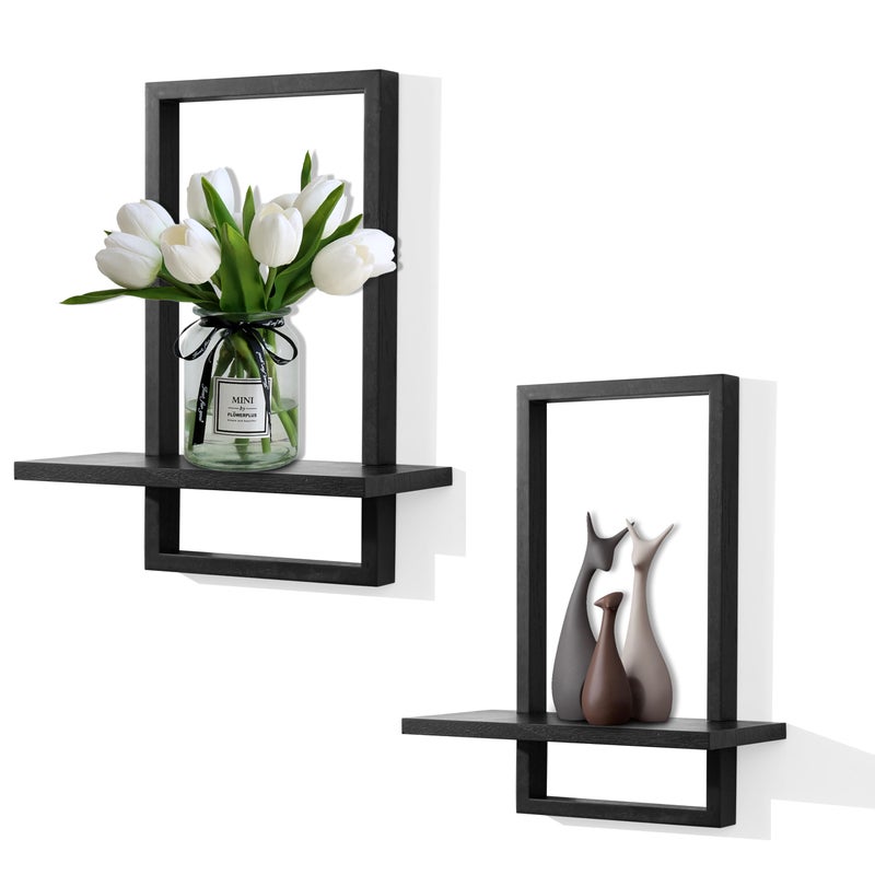 PHOENANCEE Square Floating Shelves,Wall Plants Holder,Bathroom Wall Decor,Framed Decorative Shelf Black,Modern Chic Set of 2 for Living Room Bedroom Home Office,Soild Wood,L+S - Image 1