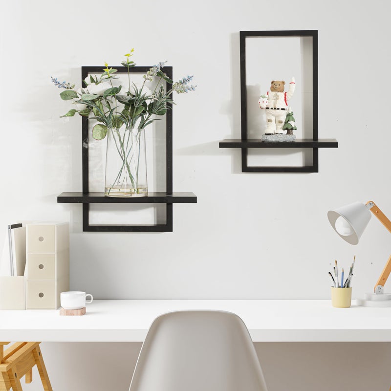 PHOENANCEE Square Floating Shelves,Wall Plants Holder,Bathroom Wall Decor,Framed Decorative Shelf Black,Modern Chic Set of 2 for Living Room Bedroom Home Office,Soild Wood,L+S - Image 2