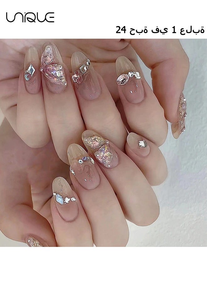 Unique 24Pcs Fake Nails, Press Nails, Mid-Almond Manicure - Pink Diamond Peach Heart Manicure - Golden Butterfly Shiny Manicure - Fake Nail Patch  - Image 1