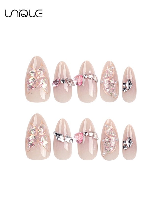 Unique 24Pcs Fake Nails, Press Nails, Mid-Almond Manicure - Pink Diamond Peach Heart Manicure - Golden Butterfly Shiny Manicure - Fake Nail Patch  - Image 4