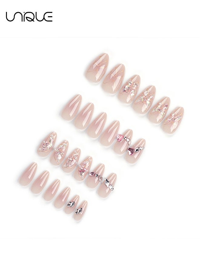 Unique 24Pcs Fake Nails, Press Nails, Mid-Almond Manicure - Pink Diamond Peach Heart Manicure - Golden Butterfly Shiny Manicure - Fake Nail Patch  - Image 2