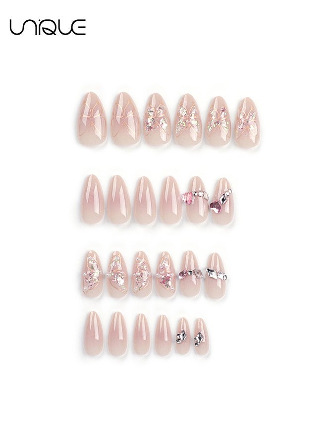 Unique 24Pcs Fake Nails, Press Nails, Mid-Almond Manicure - Pink Diamond Peach Heart Manicure - Golden Butterfly Shiny Manicure - Fake Nail Patch  - Image 3