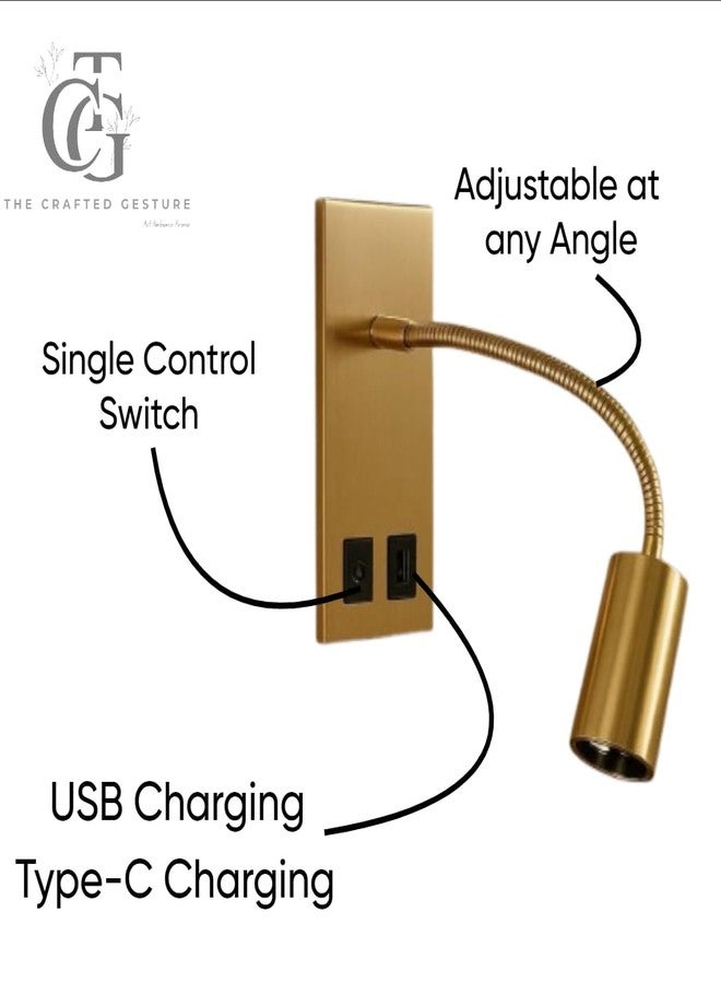 The Crafted Gesture مصباح القراءة الجداري LED من كرافتد جيستشر، مزود بمنفذ USB، قابل للتعديل بثلاثة خيارات إضاءة، مثالي لغرفة النوم والدراسة | ذهبي - Image 3