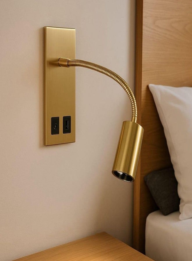 The Crafted Gesture مصباح القراءة الجداري LED من كرافتد جيستشر، مزود بمنفذ USB، قابل للتعديل بثلاثة خيارات إضاءة، مثالي لغرفة النوم والدراسة | ذهبي - Image 1
