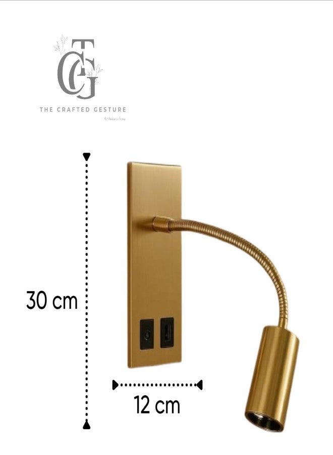 The Crafted Gesture مصباح القراءة الجداري LED من كرافتد جيستشر، مزود بمنفذ USB، قابل للتعديل بثلاثة خيارات إضاءة، مثالي لغرفة النوم والدراسة | ذهبي - Image 2