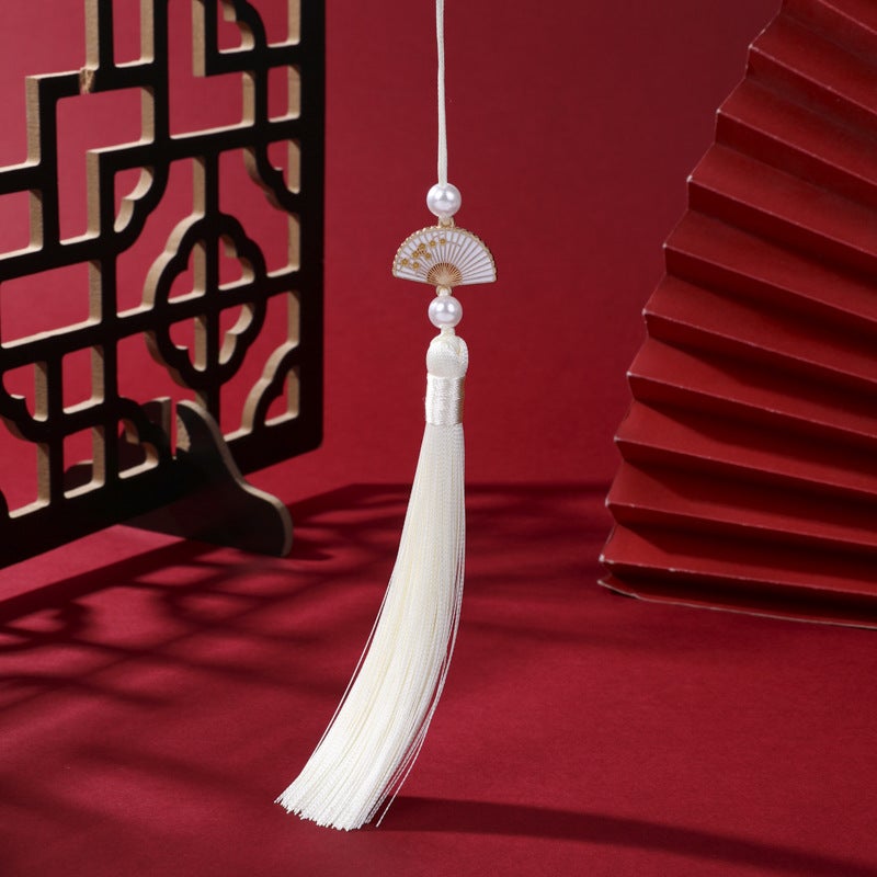 Generic Pearl White Fan Tassel Chinese Hanfu Car Pendant rice white