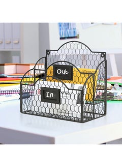 MyGift Metal Wire Basket Desk Organizer, 2 Compartment Inbox/Outbox Black Entryway Wall Mail Sorter, Office Desktop Stationery File Organizer Holder With Chalkboard Labels  - Image 3