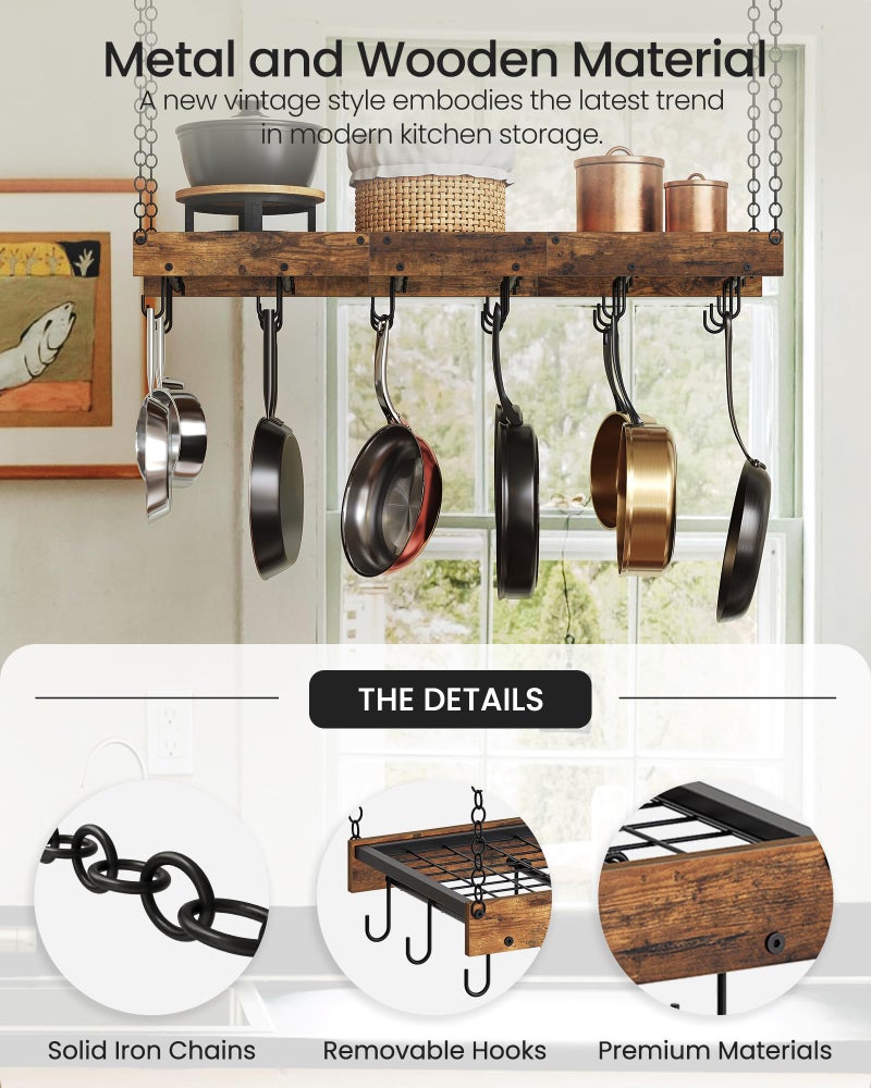 CHOEZON Hanging Pot Rack, Ceiling Wall Mounted Pot Rack for Kitchen, Industrial Style Pot Hanger with 18 Hooks, Cookware Storage Organizer, for Pots and Pans, Rustic Brown and Black TPR12BFC1 - Image 5