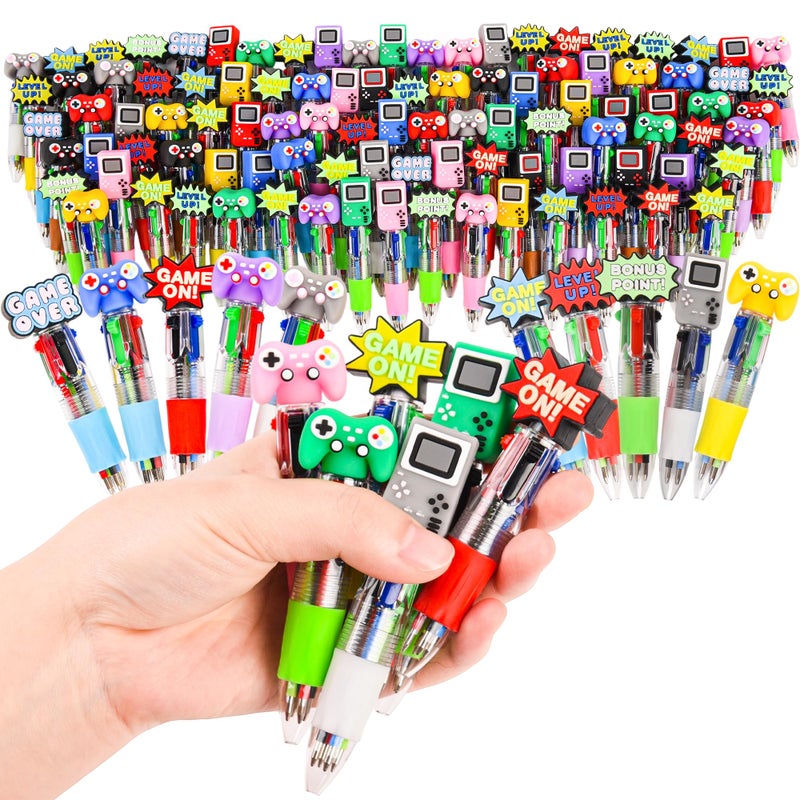 LiYiQ 100 Pcs Video Game Party Favors Multicolor Pen in One Cartoon Cute Fun 4-in-1 Cute Pens Bulk Kawaii Game Handle Level Up Games Console Shape Cool Ballpoint Pens for Kids Fun Gifts - Image 1