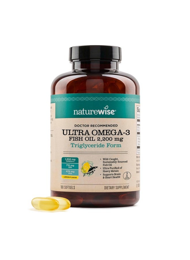 NatureWise زيت السمك ألترا أوميغا 3 من ناتشر وايز 2200 ملغ - شكل ثلاثي الجليسريد - نكهة الليمون - زيت سمك من صيد بري + EPA و DHA - يدعم صحة الدماغ والقلب - خالي من التجشؤ، غير معدل وراثيًا - 180 كبسولة لينة [إمداد لمدة 3 أشهر] - Image 1