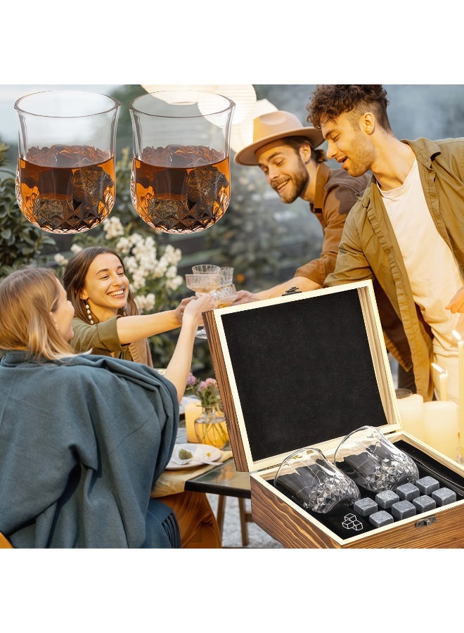 كيل › مجموعة هدايا حجارة ويسكي فاخرة مع كأسين من الكريستال وصندوق خشبي — 8 حجارة تبريد من الجرانيت قابلة لإعادة الاستخدام، وقواعد أكواب، وملاقط — هدية فاخرة للرجال، والأب، والزوج، ومحبي الويسكي - Image 3