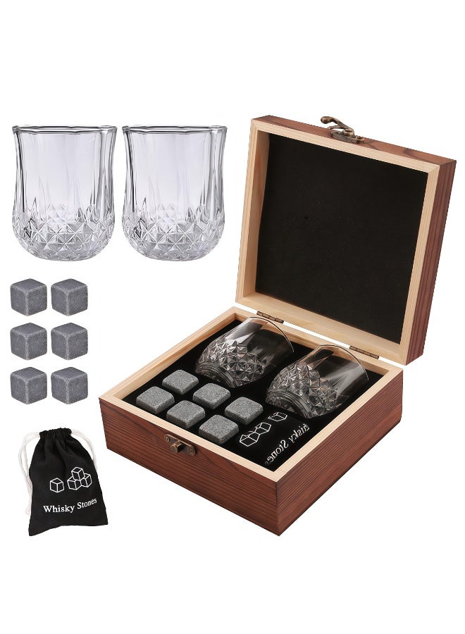 كيل › مجموعة هدايا حجارة ويسكي فاخرة مع كأسين من الكريستال وصندوق خشبي — 8 حجارة تبريد من الجرانيت قابلة لإعادة الاستخدام، وقواعد أكواب، وملاقط — هدية فاخرة للرجال، والأب، والزوج، ومحبي الويسكي - Image 1