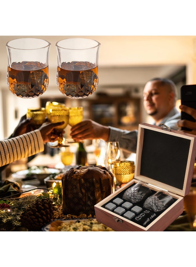 كيل › مجموعة هدايا حجارة ويسكي فاخرة مع كأسين من الكريستال وصندوق خشبي — 8 حجارة تبريد من الجرانيت قابلة لإعادة الاستخدام، وقواعد أكواب، وملاقط — هدية فاخرة للرجال، والأب، والزوج، ومحبي الويسكي - Image 4