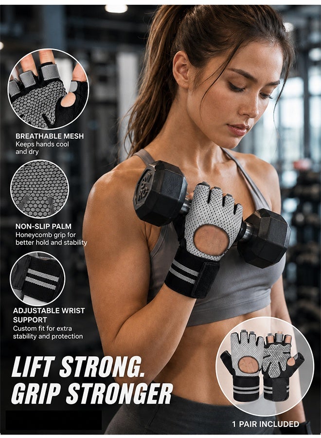 JIAROU 1Pair Fingerless Workout Gloves Men and Women Weight Lifting Gloves with Wrist Wraps Support for Gym Training Full Palm Protection，Non-slip, wear-resistant, comfortable and breathable outdoor sports gloves（Black） - Image 1