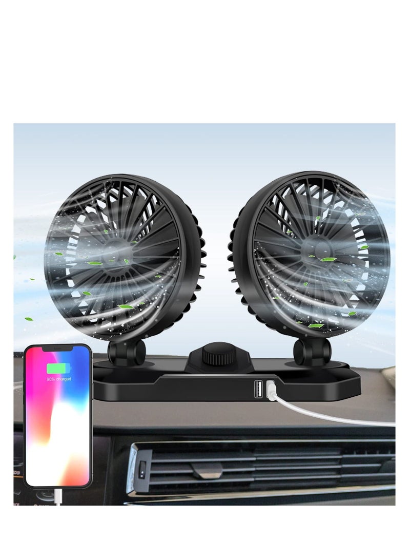 Loquat Dual Head USB Car Fan, 12 V 360°Adjustable Dual Head Cooling Air Fan, Two 3.1A USB Smart Output Charging Port,Suitable for Sedan SUV RV Truck Cruise, Home Office Desktop - Image 1
