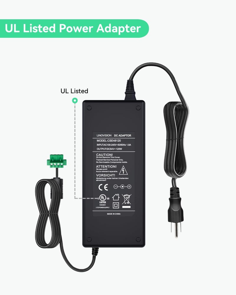 LINOVISION UL Listed DC 54V 2.2A Power Adapter, AC 100-240V to DC 54V 2.2A 120W Power Supply Adapter for PoE Switches and PoE NVRs - Image 3