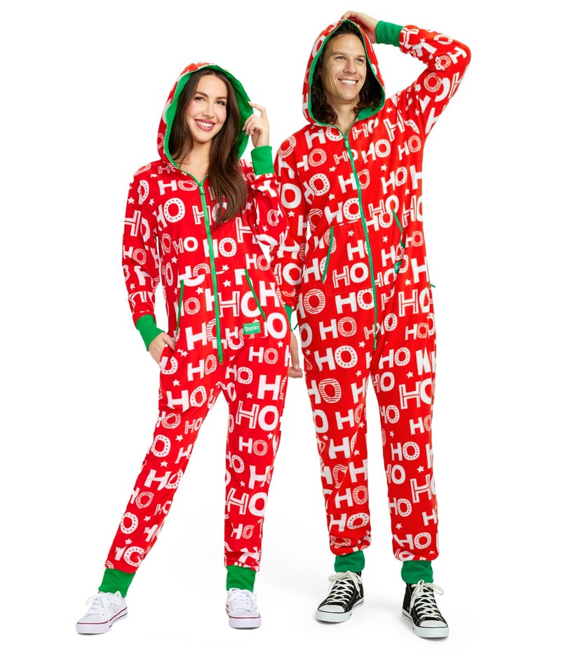 Tipsy Elves Christmas Onesies for Adults - Comfy Unisex Matching Holiday Jumpsuits with Convenient Pockets - Cozy Red Hohoho Christmas Jumpsuit Size Large - Image 1