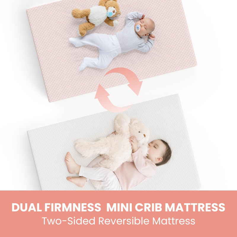 Dourxi Mini Crib Mattress, 38x24X4 Inch Dual Sided Comfort Gel Memory Foam, Breathable Premium Baby Mattress for Mini and Portable Cribs w/Removable Outer Cover - White&Pink - Image 5