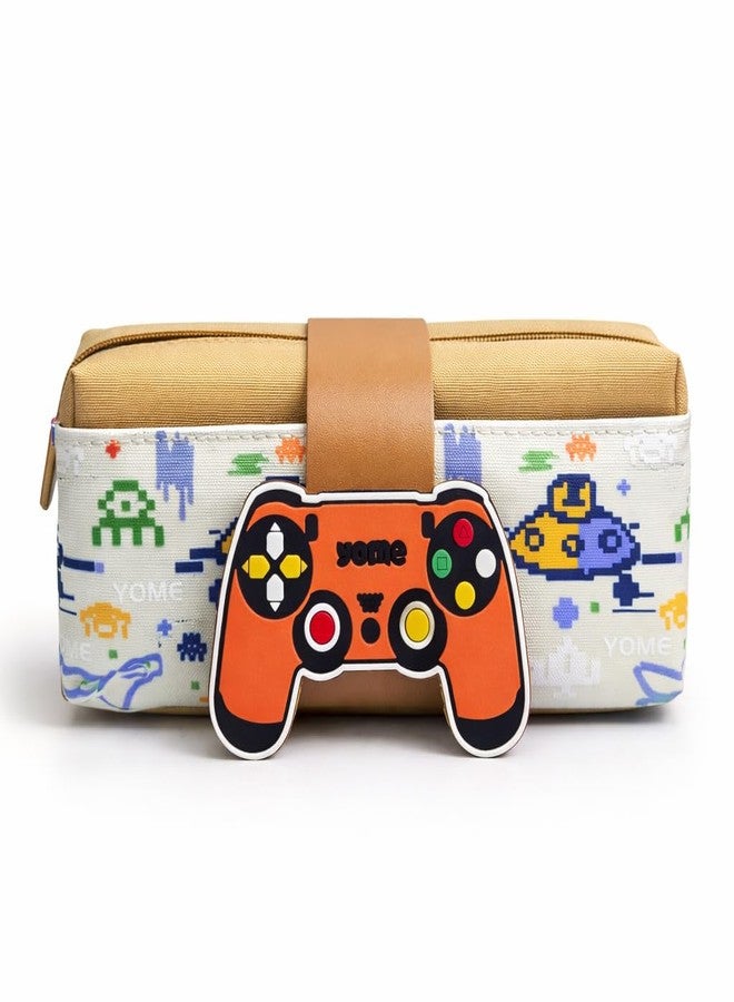 Skoolster Gaming Pencil Pouch for Kids | Large Capacity Zipper Pencil Case with Game Controller Design | Portable Stationery Organizer with Silicone Strap | Perfect Birthday Return Gift (Beige) - Image 1