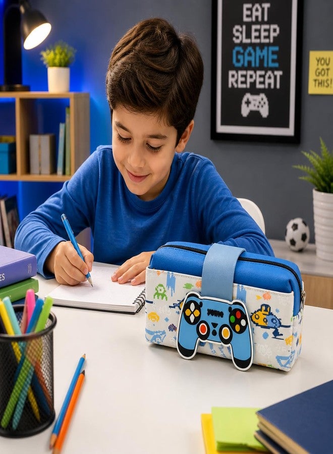 Skoolster Gaming Pencil Pouch for Kids | Large Capacity Zipper Pencil Case with Game Controller Design | Portable Stationery Organizer with Silicone Strap | Perfect Birthday Return Gift (Beige) - Image 4