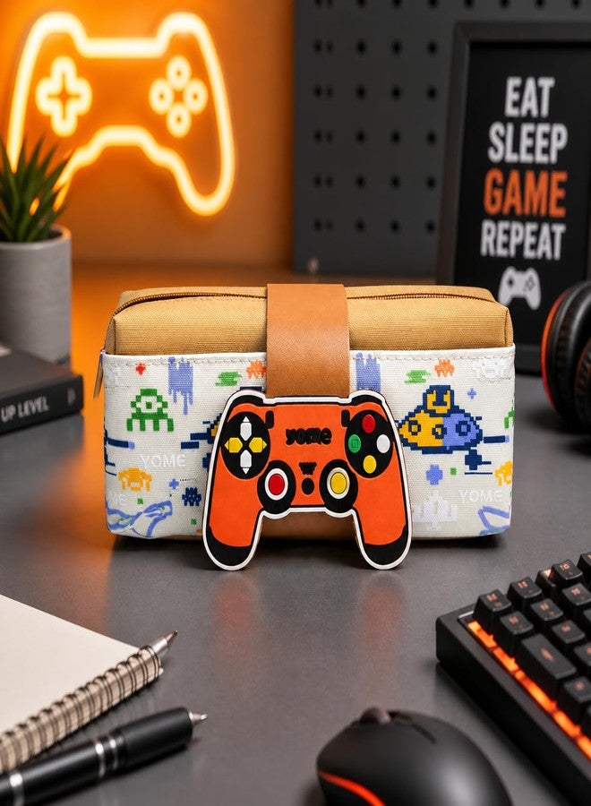 Skoolster Gaming Pencil Pouch for Kids | Large Capacity Zipper Pencil Case with Game Controller Design | Portable Stationery Organizer with Silicone Strap | Perfect Birthday Return Gift (Beige) - Image 5