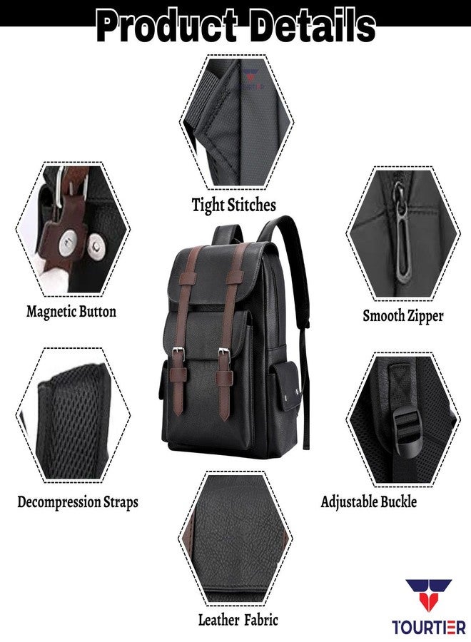 TOURTIER PU Leather Large Capacity Casual Business Laptop Bag, Backpack for Travel, Sports, Business, College, School (BLACK) - Image 3