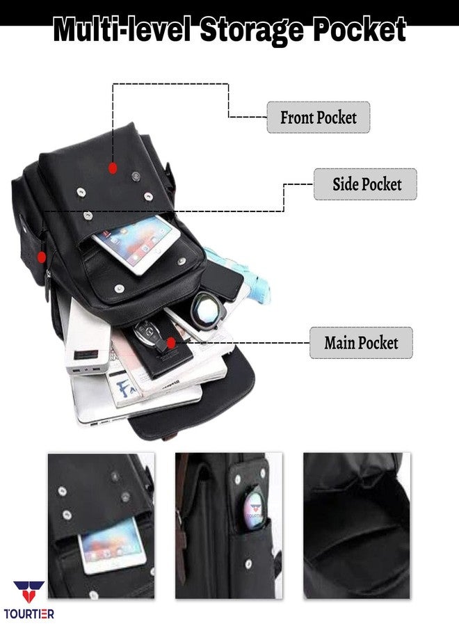 TOURTIER PU Leather Large Capacity Casual Business Laptop Bag, Backpack for Travel, Sports, Business, College, School (BLACK) - Image 4