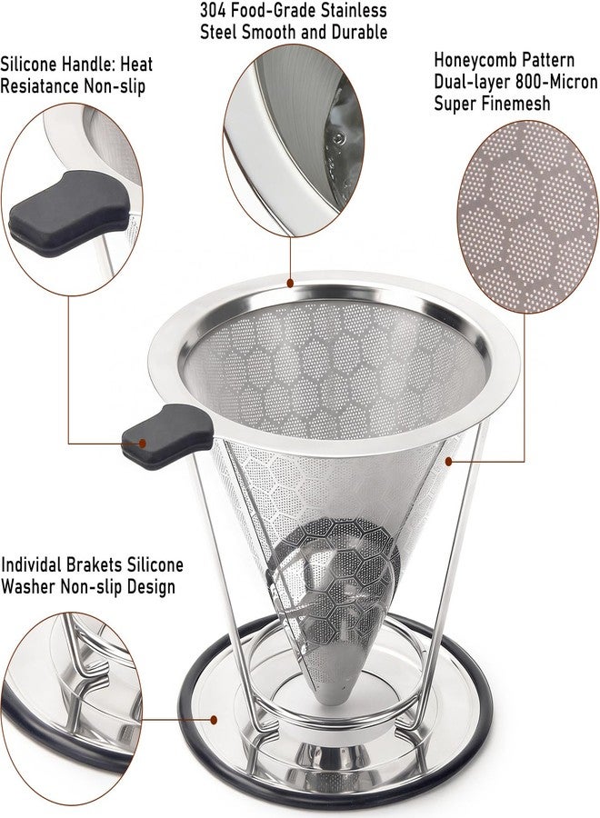 SmileTools Stainless Steel Pour Over Coffee Dripper, Reusable Filter Paperless Cone Metal Coffee Maker with Removable Cup for 1-2 Cup, Coffee Spoon and Cleaning Brush Offered - Image 2