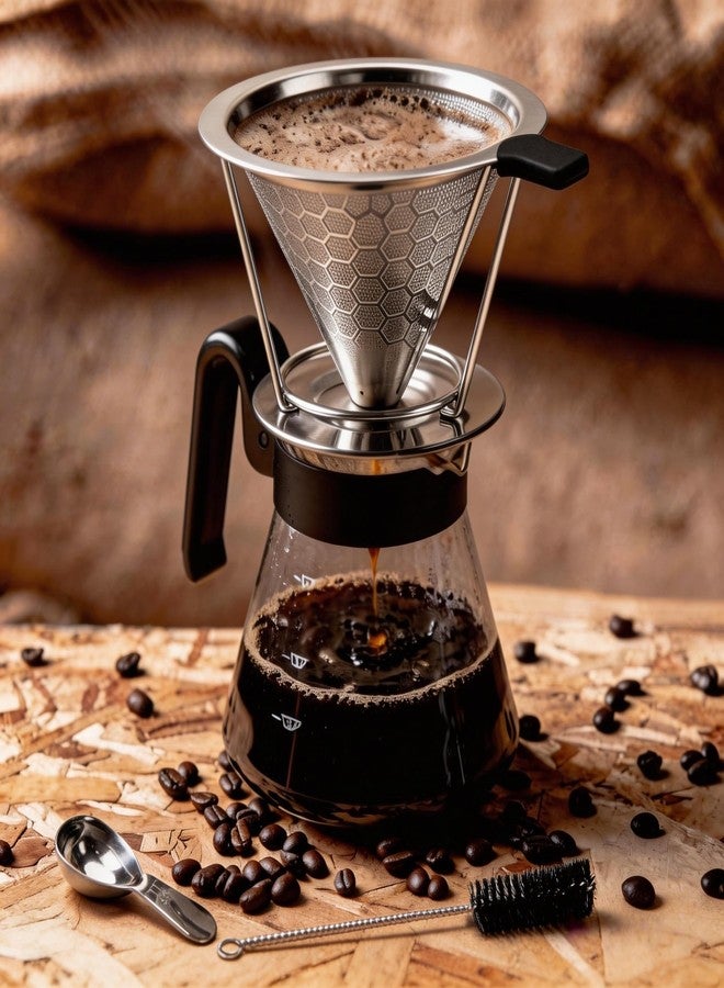 SmileTools Stainless Steel Pour Over Coffee Dripper, Reusable Filter Paperless Cone Metal Coffee Maker with Removable Cup for 1-2 Cup, Coffee Spoon and Cleaning Brush Offered - Image 4
