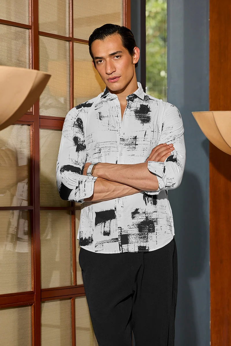 سنيتش White Abstract Long Sleeve Slim Fit Shirt