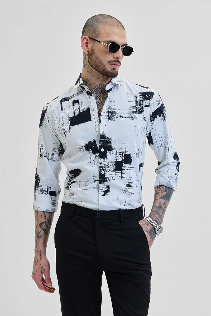 سنيتش White Abstract Long Sleeve Slim Fit Shirt