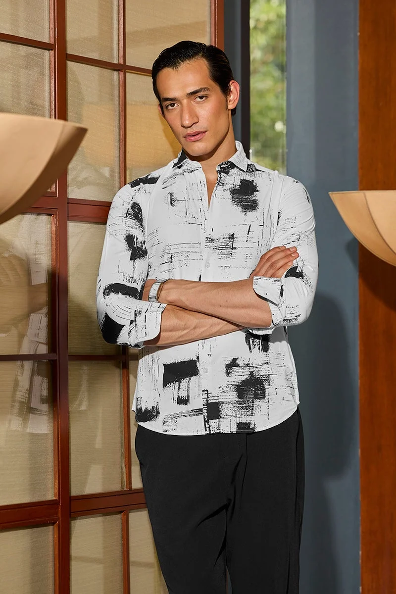 سنيتش White Abstract Long Sleeve Slim Fit Shirt