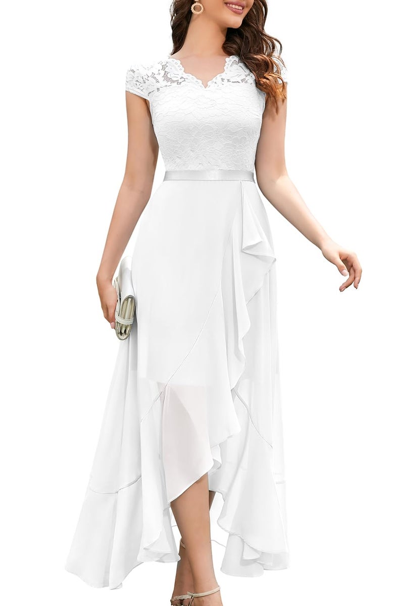 Bbonlinedress White Formal Wedding Bride Bridal Shower Dress Hi Lo Chiffon Women Floral Lace Vestidos De Novia Bridesmaid Dress White M - Image 1