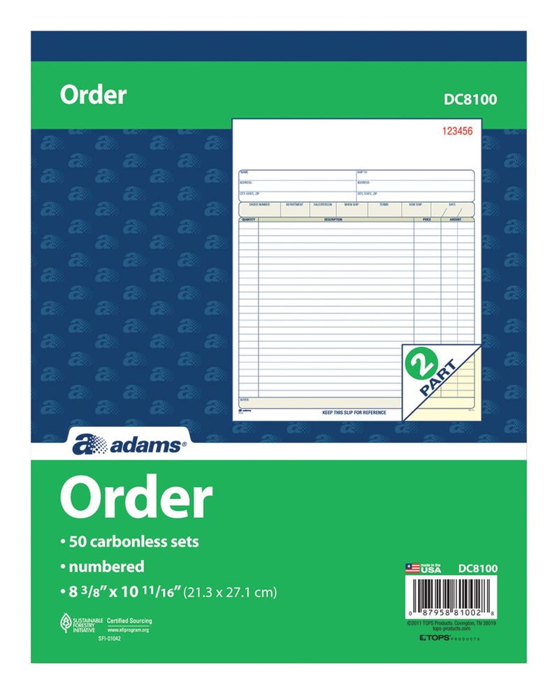 Adams Order Book, 2-Part, Carbonless, White/Canary, 8-3/8 x 10-11/16 Inches, 50 Sets per Book (DC8100) , 1 pack - Image 1