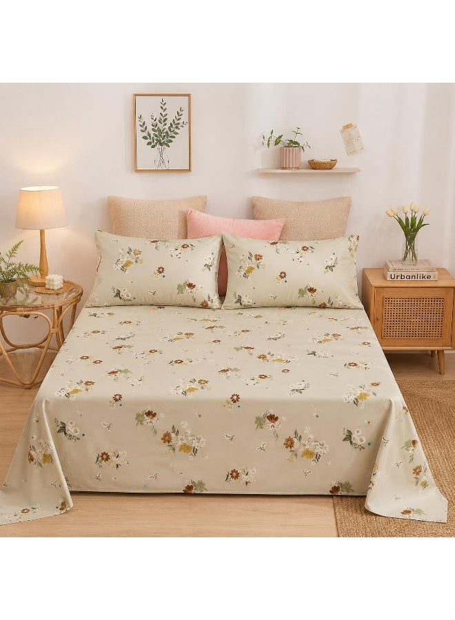 3-Piece 150 GSM Microfiber King Size Bed Sheet Set - Vintage Floral Print on Beige, Includes 1 Flat Sheet (270x250 CM) & 2 Pillowcases (50x75 CM) - Image 1
