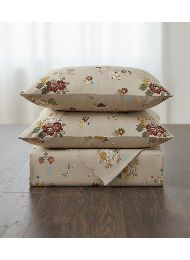 3-Piece 150 GSM Microfiber King Size Bed Sheet Set - Vintage Floral Print on Beige, Includes 1 Flat Sheet (270x250 CM) & 2 Pillowcases (50x75 CM) - Image 3