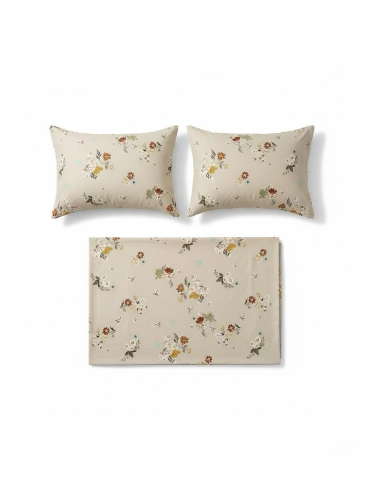 3-Piece 150 GSM Microfiber King Size Bed Sheet Set - Vintage Floral Print on Beige, Includes 1 Flat Sheet (270x250 CM) & 2 Pillowcases (50x75 CM) - Image 2