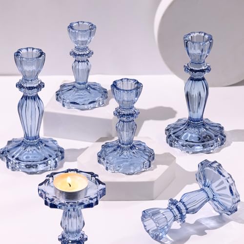 Simeitol Blue Candlestick Holders Set of 6, Taper Candle Holders, 4.3" H & 6.3" H Glass Candle Holder for Candlesticks & Pillar Candles, Candle Holder for Table Centerpieces and Wedding Decor - Image 1