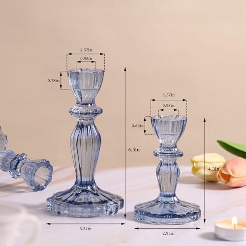 Simeitol Blue Candlestick Holders Set of 6, Taper Candle Holders, 4.3" H & 6.3" H Glass Candle Holder for Candlesticks & Pillar Candles, Candle Holder for Table Centerpieces and Wedding Decor - Image 4