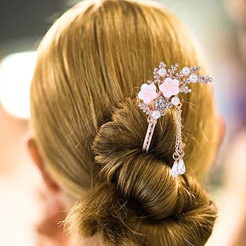Lurrose 2pcs Hair Sticks with Tassel Vintage Pearl Flower Hairpin Chinese Hair Chopsticks with Long Tassel Chignon Chopsticks for Women Girls - Image 5
