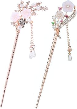 Lurrose 2pcs Hair Sticks with Tassel Vintage Pearl Flower Hairpin Chinese Hair Chopsticks with Long Tassel Chignon Chopsticks for Women Girls - Image 1