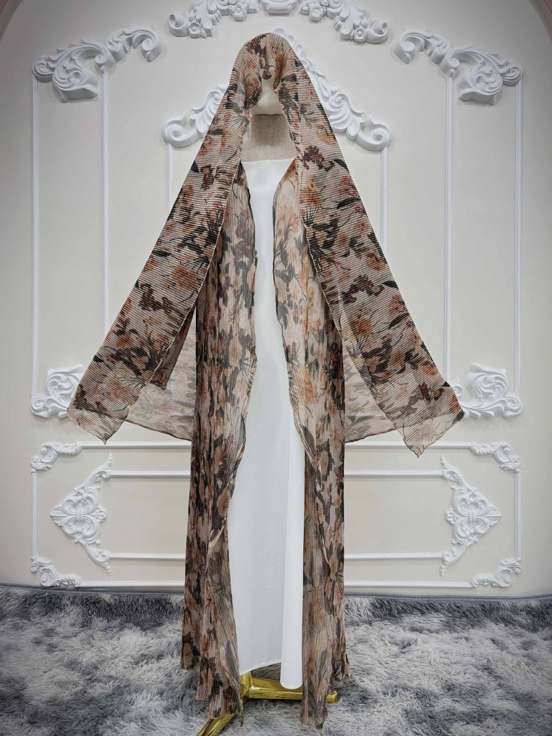 LN231 Vintage Floral Print Long Cardigan with Headscarf - Loose Fit Casual Outerwear for Women