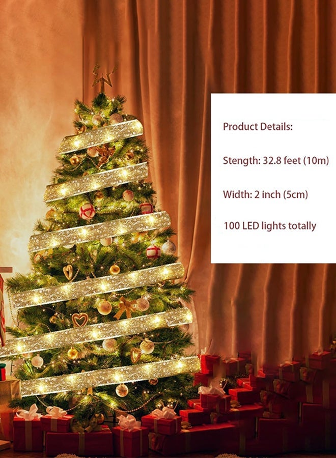 Christmas Tree Decorations String Lights 32ft 100 LED Lights Copper Wire Ribbon Bows Lights for Party Weddings Holiday Christmas Tree Decorations (Gold Warm Light Battery Powered) - Image 4