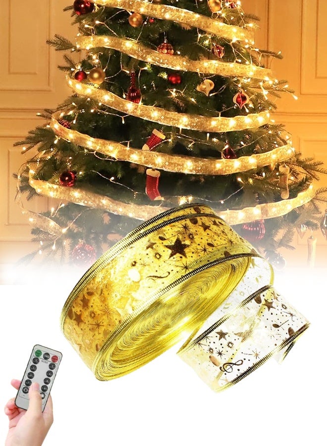 Christmas Tree Decorations String Lights 32ft 100 LED Lights Copper Wire Ribbon Bows Lights for Party Weddings Holiday Christmas Tree Decorations (Gold Warm Light Battery Powered) - Image 1