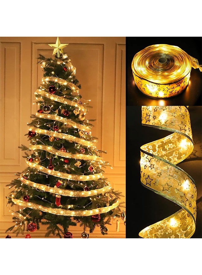 Christmas Tree Decorations String Lights 32ft 100 LED Lights Copper Wire Ribbon Bows Lights for Party Weddings Holiday Christmas Tree Decorations (Gold Warm Light Battery Powered) - Image 2