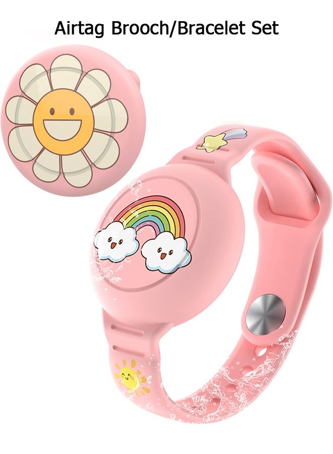 Wffo 2 PCS - Kids AirTag Bracelet/Brooch Set - Waterproof Cute Cartoon Air tag Holder for Kids - Silicone Airtag Holder with Safety Brooch Pins - with Soft Silicone Full Coverage Anti-Lost Hidden Airtag Wristband Accessories for Child - Rainbow/Flower Pattern(Pink)