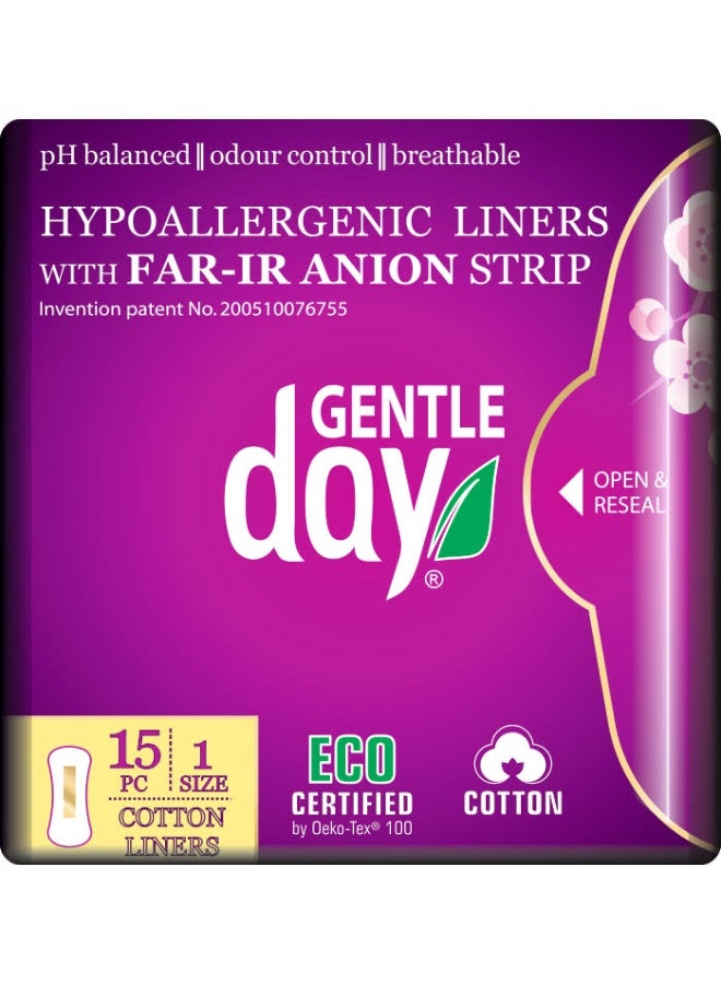Gentle Day 100% Organic Cotton Panty Liners with FAR-IR Anion Strip - 15 pcs, 155 mm, Hypoallergenic, Chlorine-Free, Vegan - Image 1