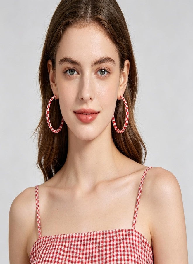 Hremhoo Checker Big Hoop Earrings for Women Large Red Checkered Hoop Earrings Trendy Statement Checkerboard Style Earring Dainty Red and White Checkered Hoops Earring - Image 5