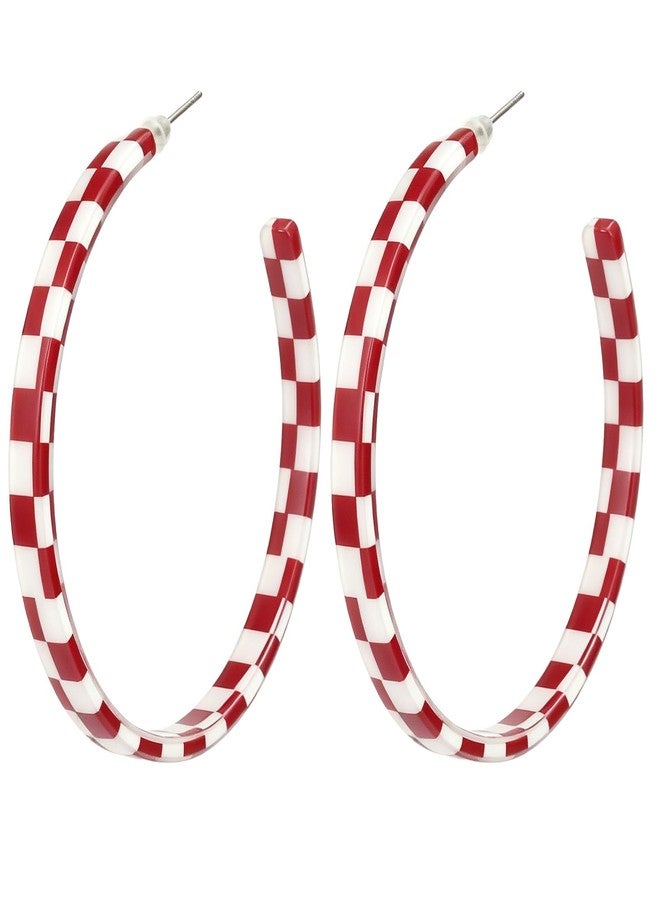 Hremhoo Checker Big Hoop Earrings for Women Large Red Checkered Hoop Earrings Trendy Statement Checkerboard Style Earring Dainty Red and White Checkered Hoops Earring - Image 1