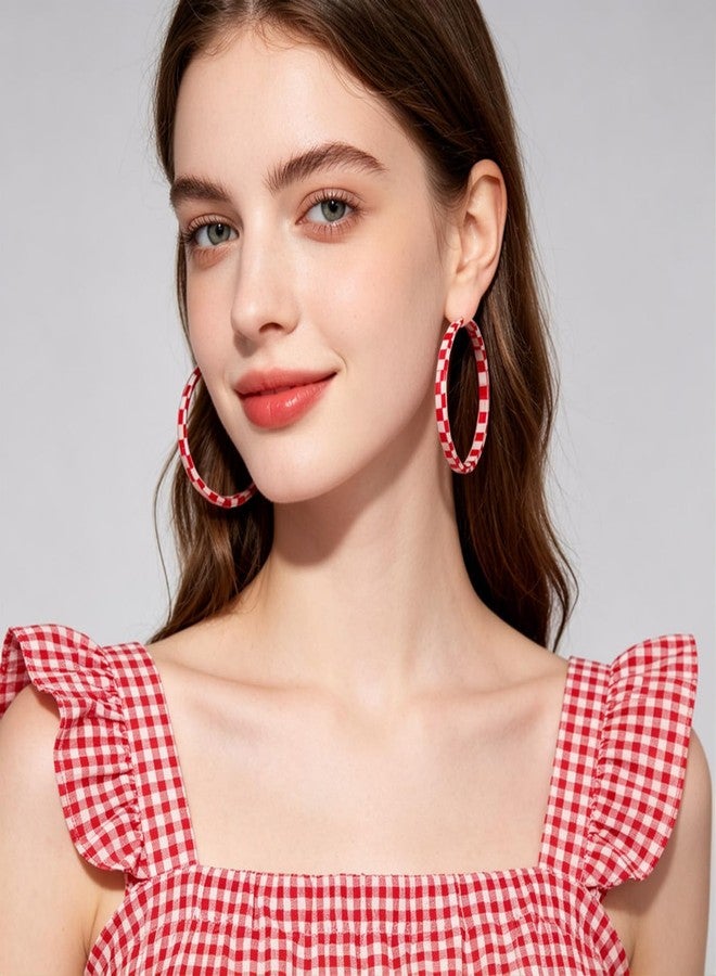 Hremhoo Checker Big Hoop Earrings for Women Large Red Checkered Hoop Earrings Trendy Statement Checkerboard Style Earring Dainty Red and White Checkered Hoops Earring - Image 4